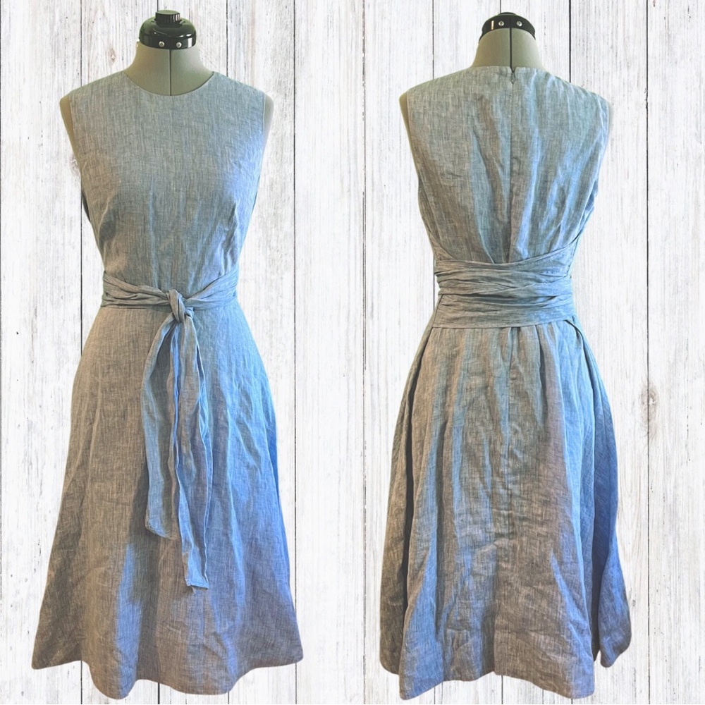 Hobbs London Flax Linen Midi Dress 3 Way with Wrap Tie Sky Blue. Size 8.